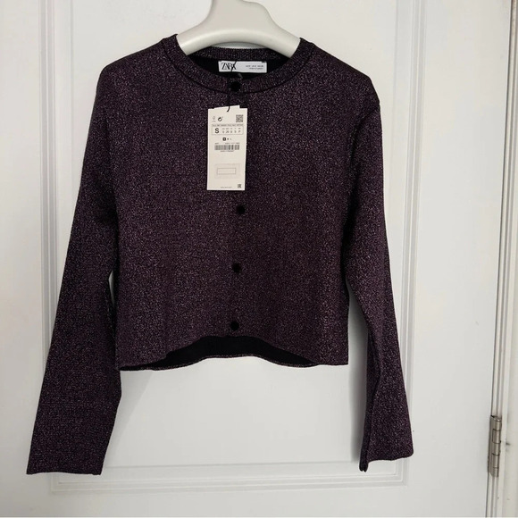 NWT Zara purple &  black shimmery tinsel-like knit cropped cardigan size S - Picture 3 of 10